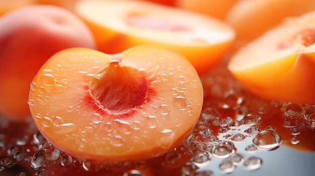 Tranche lumineuse AI générative d'abricot mûr juteux et de gouttes d'eau macro de fruits d'été