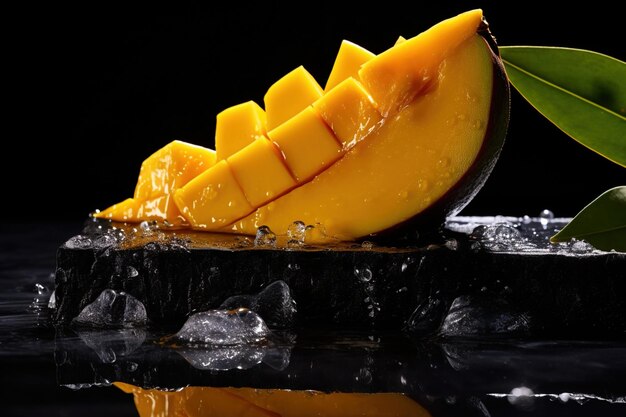 Tranche de mangue mûre sur un comptoir en granit noir mouillé d'eau