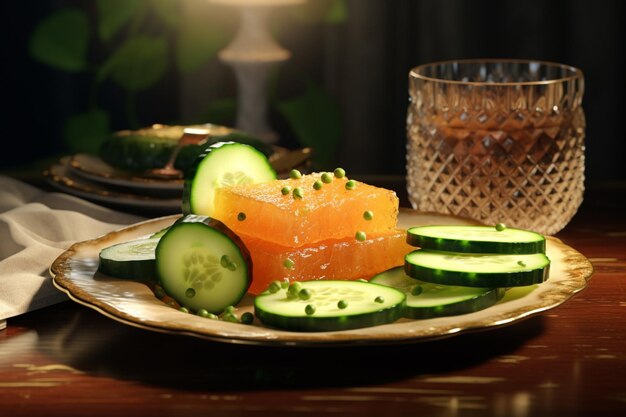 Photo une tranche de melon accompagnée d'une confiture et d'un concombre sur une assiette