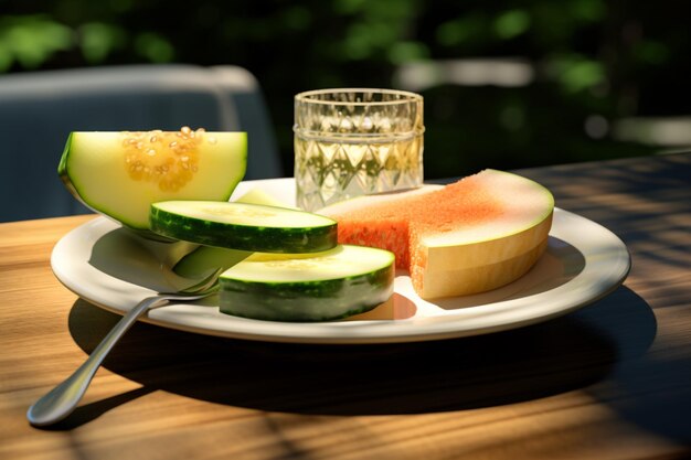 Photo une tranche de melon accompagnée d'une confiture et d'un concombre sur une assiette