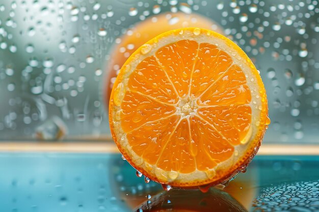 Une tranche d'orange est montrée sur une surface bleue avec des gouttes de pluie dessus