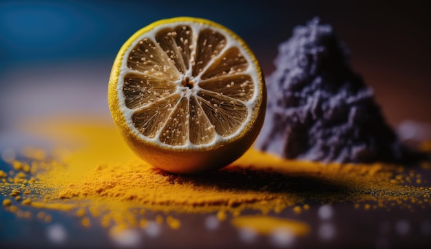 Une tranche d'orange est posée sur une table avec des oranges dessus.