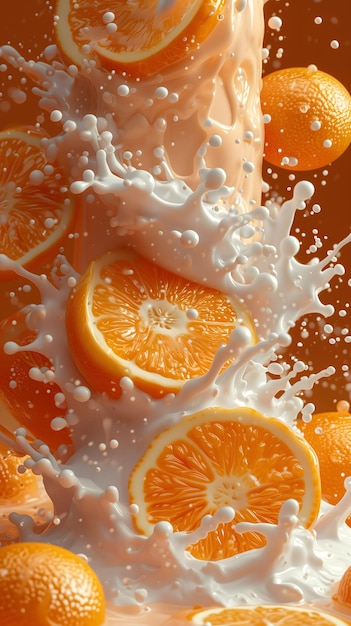 Une tranche d'orange fraîche et du lait Un citrus au lait isolé et rafraîchissant Un fruit juteux et sain