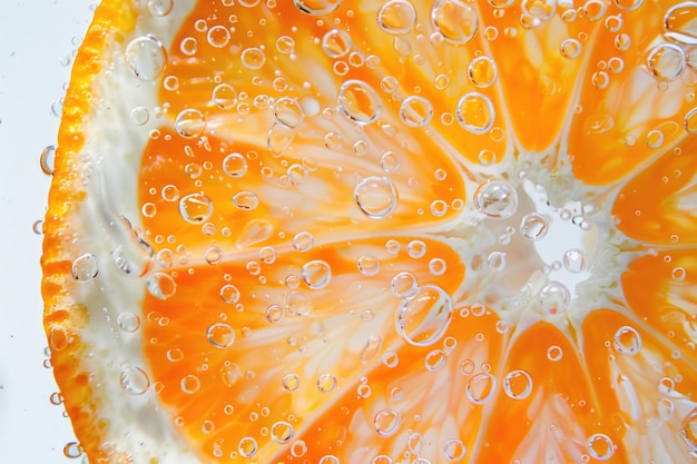 Une tranche d'orange juteuse avec des gouttes d'eau sur un fond blanc