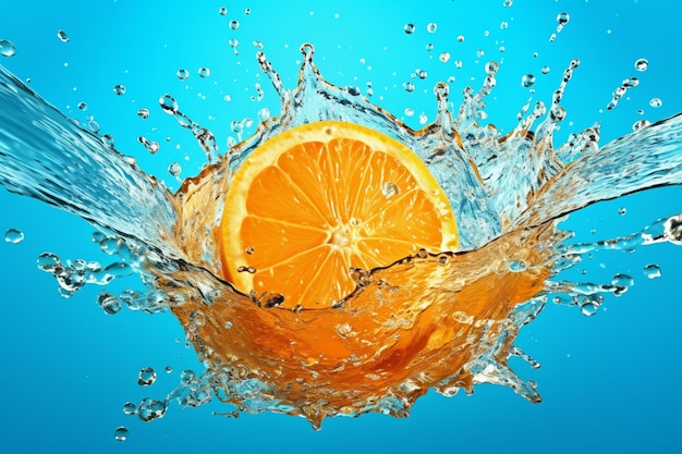 Une tranche d'orange tombe dans une éclaboussure d'eau.