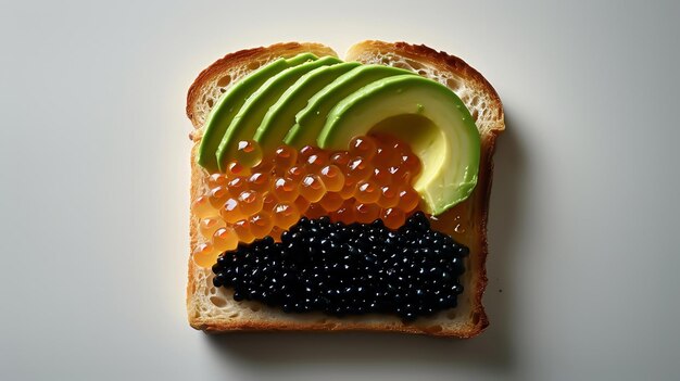 Photo une tranche de pain avec de l'avocat et du caviar noir.