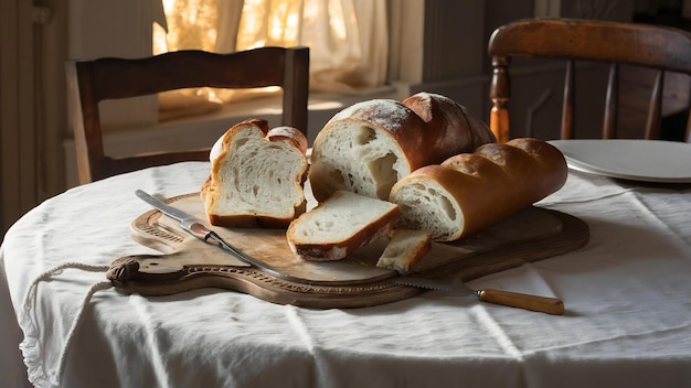 Une tranche de pain avec une baguette sur une nappe