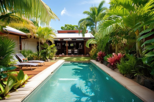 Tranche de paradis avec piscine privée et jardins tropicaux luxuriants créés avec une IA générative