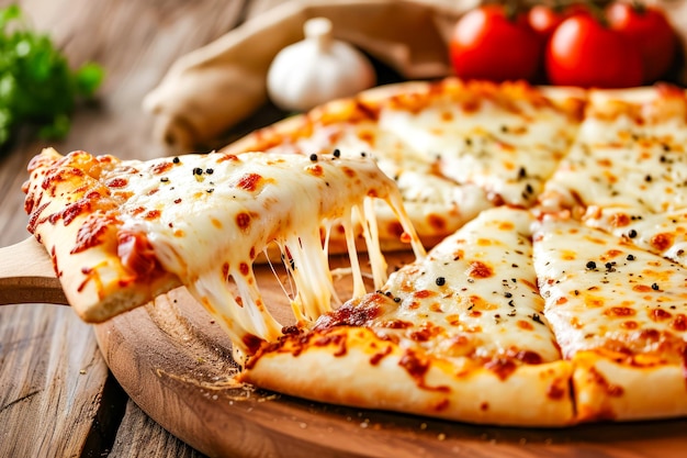 Une tranche de pizza au fromage est posée sur une planche à couper en bois.