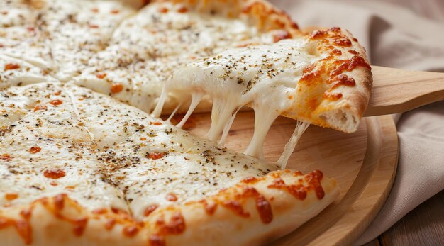 Une tranche de pizza au fromage étant soulevée d'une pizza entière