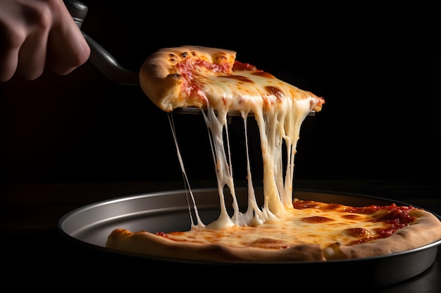 Tranche de pizza chaude avec du fromage fondant sur une plaque à pizza sur fond noir
