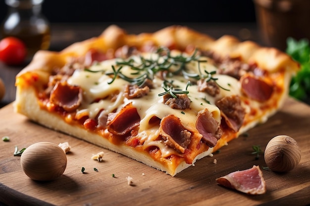 une tranche de pizza croustillante avec de la viande et du fromage