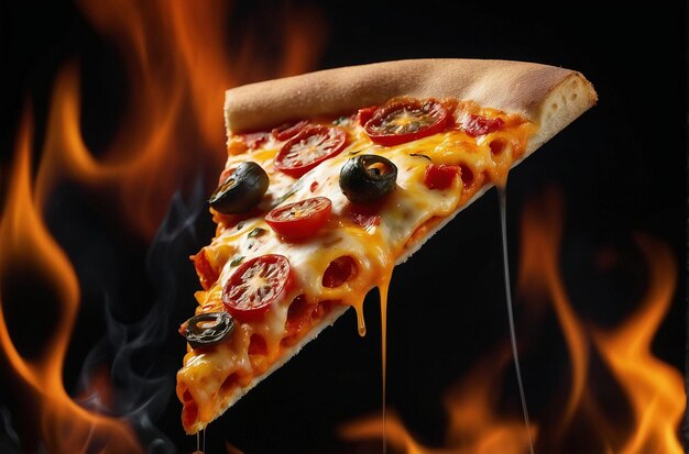 Photo une tranche de pizza épicée sur un fond noir de feu