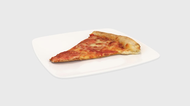 Une tranche de pizza est sur une assiette avec un fond blanc.