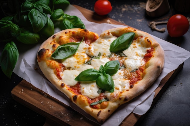 Tranche de pizza en forme de cœur avec du fromage mozzarella et du basilic supplémentaires créés avec une IA générative