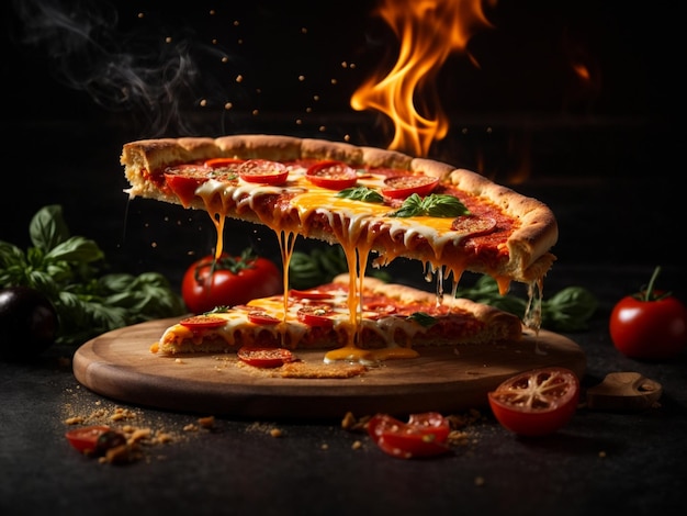 Une tranche de pizza et une pizza chaude sur fond noir