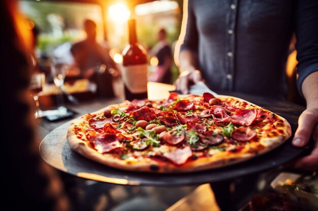 Une tranche de pizza de viande servie sur une planche en bois rustique