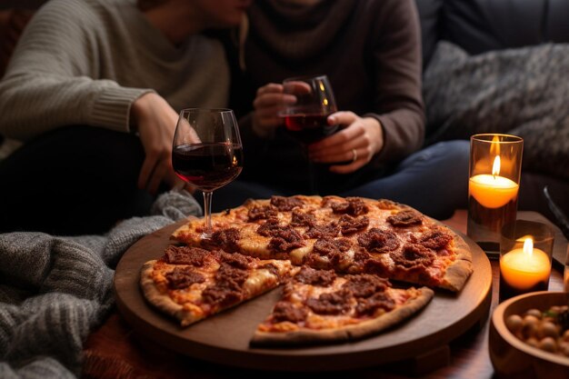 Une tranche de pizza de viande tenue contre un coucher de soleil pittoresque