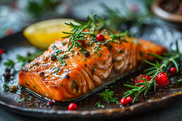 tranche de saumon frais avec des épices épicées et du citron