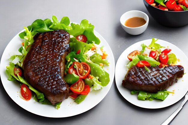 Tranche de steak de boeuf sur assiette avec salade