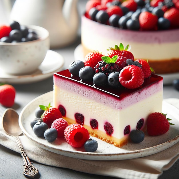 Tranche sucrée de cheesecake aux baies sur une plaque blanche