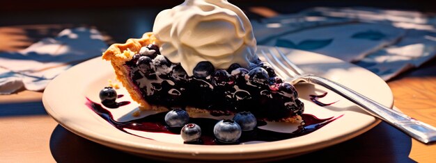 Une tranche de tarte aux bleuets avec une cuillère de crème glacée