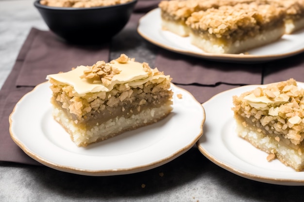 Une tranche de tarte aux pommes avec une garniture de crumble sur le dessus