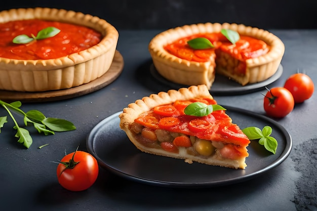 Une tranche de tarte aux tomates avec une tranche retirée