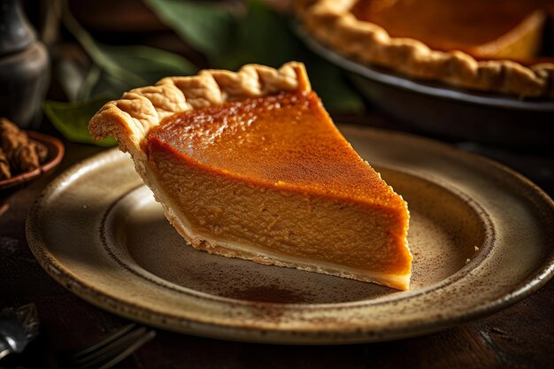 Une tranche de tarte à la citrouille est posée sur une assiette.