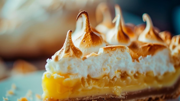 tranche de tarte à la meringue au citron mettant en valeur sa garniture piquante et sa couverture de meringue moelleuse en détail macro IA générative