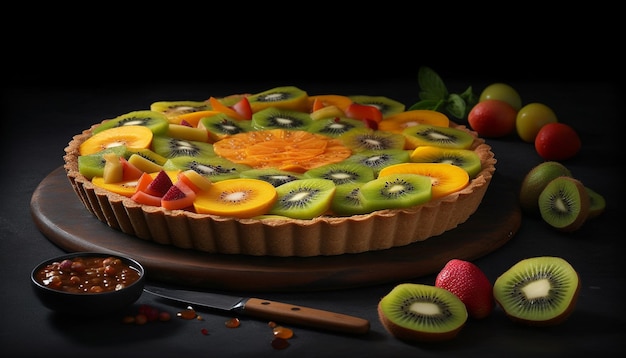 Une tranche de tarte sucrée avec du kiwi et des baies générées par l'IA