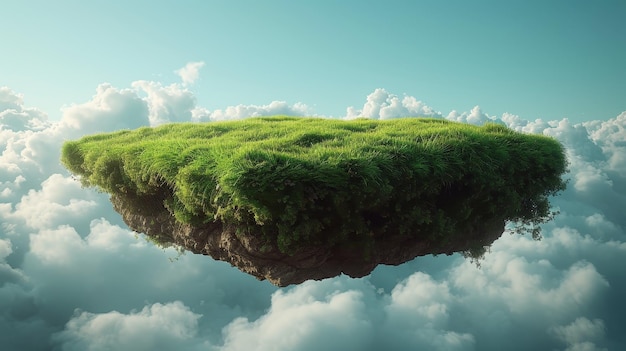 Une tranche de terre flottante avec une surface d'herbe verte et du sol Un champ d'herbes rendu en 3D volant dans les airs avec des nuages et une texture d'herbage