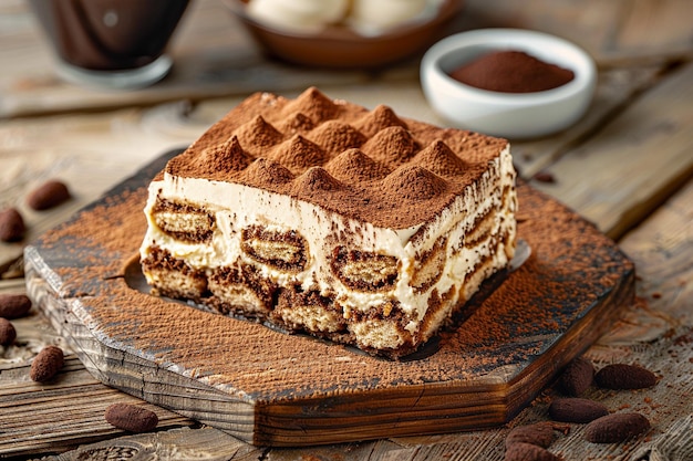 Une tranche de tiramisu sur un fond de bois rustique