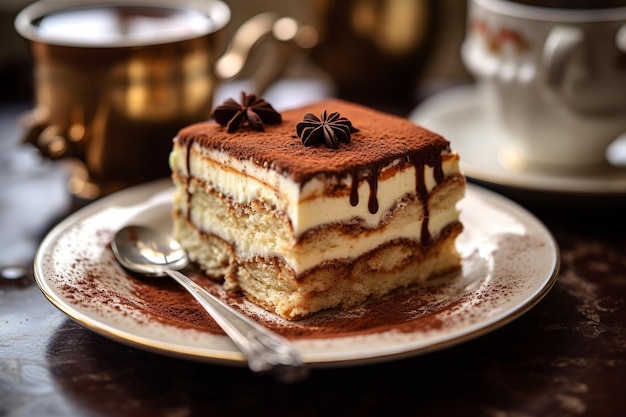 une tranche de tiramisu sur fond flou d'une scène de café italienne traditionnelle