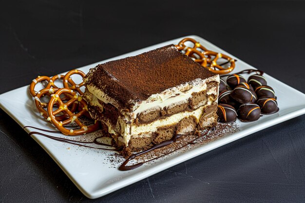 Une tranche de tiramisu sur un plateau de dessert avec des cerises recouvertes de chocolat