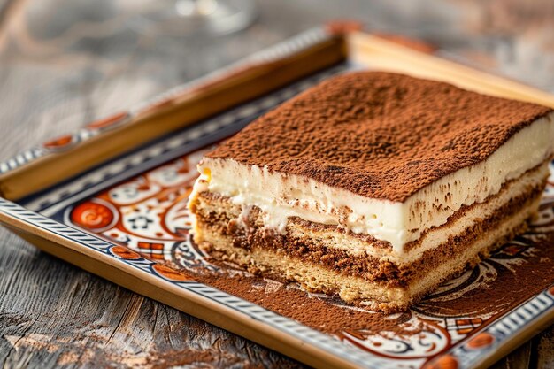 Photo une tranche de tiramisu sur un plateau de dessert décoratif