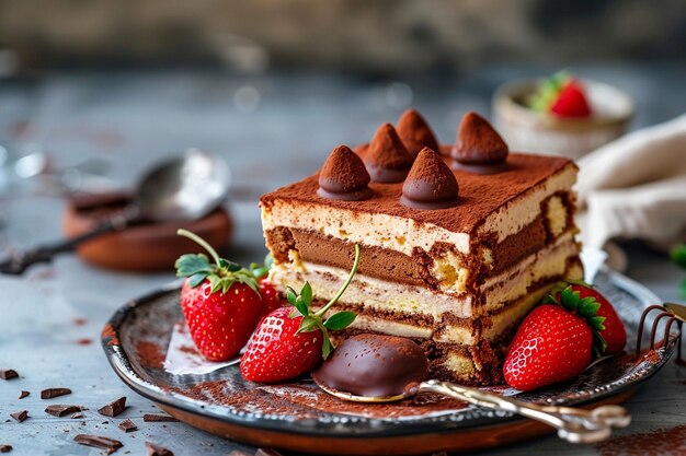 Une tranche de tiramisu sur un plateau de dessert avec des figues trempées dans du chocolat