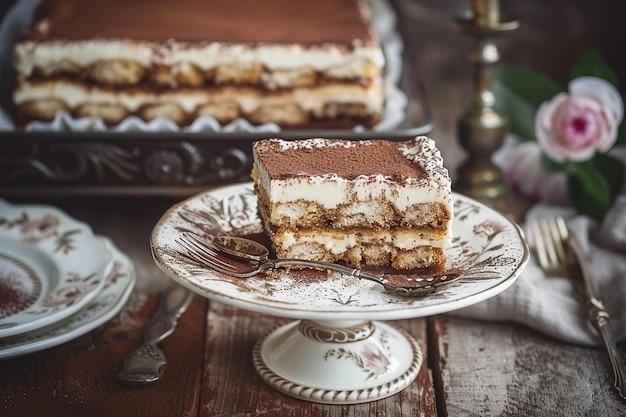 Une tranche de tiramisu sur un stand de dessert vintage