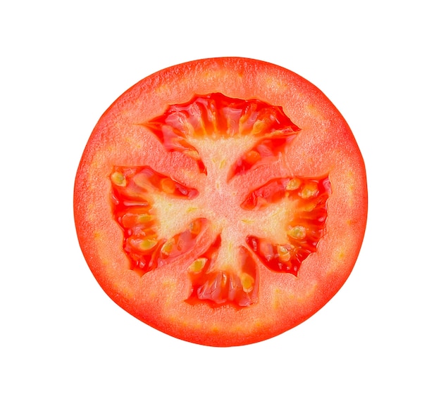 Tranche de tomate isolée sur fond blanc. chemin de détourage