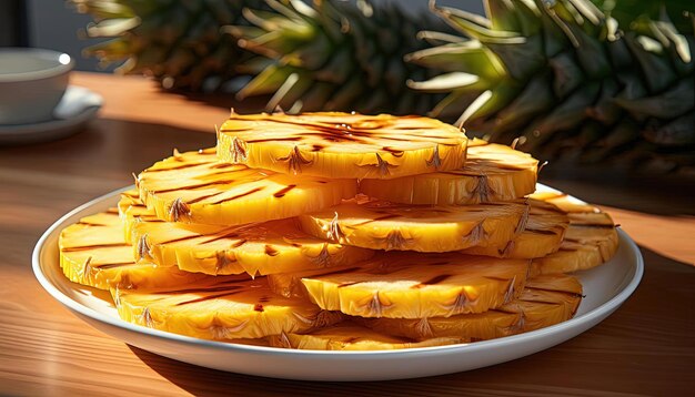 Photo tranches d'ananas sur une assiette blanche dans le style de brûlé carbonisé