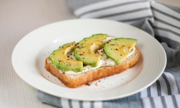 Photo tranches d'avocat sur du pain grillé avec des épices dans une assiette sur la table