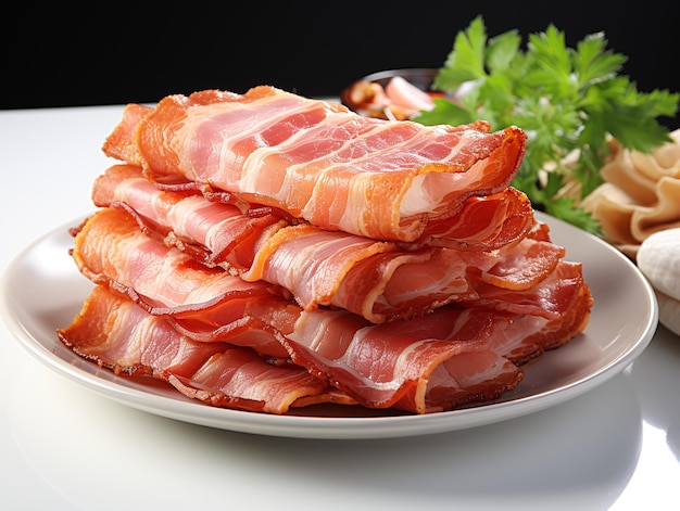 Tranches de bacon fumé sur une assiette blanche sur fond blanc