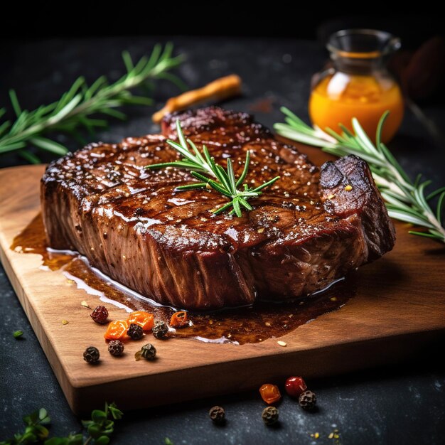 Tranches de bifteck de faux-filet de boeuf juteux sur planche de bois avec des herbes, des épices et du sel Ai généré