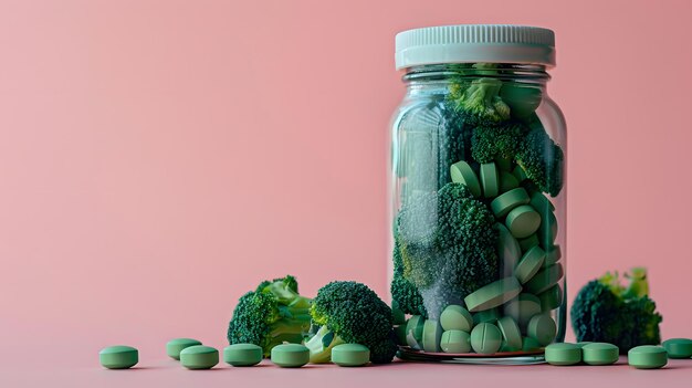 Des tranches de brocoli médicinales, des capsules à base de plantes et une thérapie de bien-être