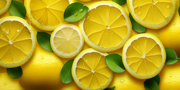Tranches de citron et de citron avec des feuilles sur la vue de dessus de fond jaune avec l'IA générée