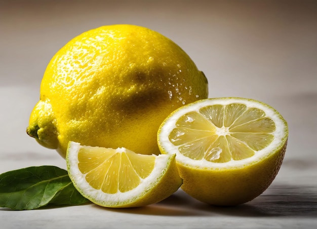 Photo des tranches de citron avec des feuilles l'une à côté de l'autre sur une table en bois dans le style jaune clair