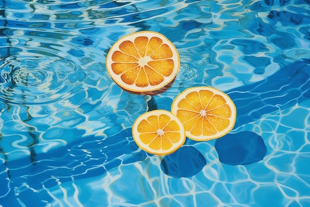 des tranches de citron sur une piscine vide et de l'eau bleue dans le style de formes et de motifs organiques laborwav