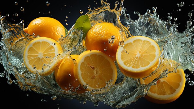 Tranches de citron tombant dans l'eau avec des éclaboussures