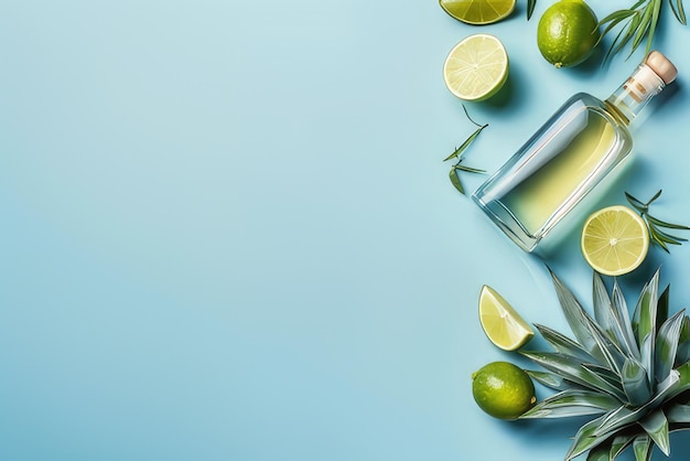 Des tranches de citron vert, une bouteille de tequila, de l'agave sur fond bleu, vue supérieure avec espace de copie