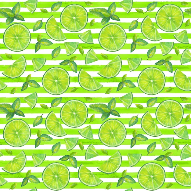 Tranches de citron vert et feuilles de menthe motif harmonieux sur fond de rayures jaunes vertes et blanches